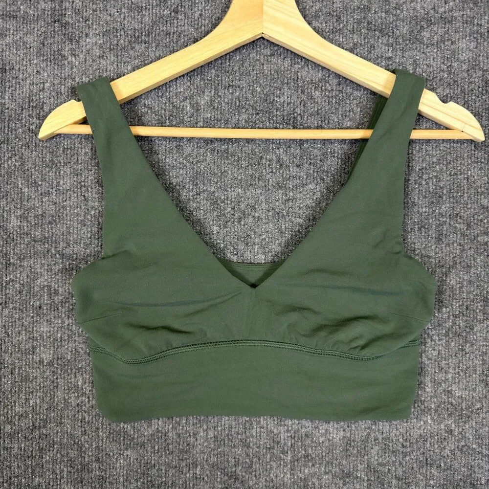 Lululemon Women's Sports Bra Size 8 Olive Green V-Neck Athletic Yoga Top Gym